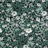 Detail of wallpaper in a dense floral print in white, tan and green on a black field.