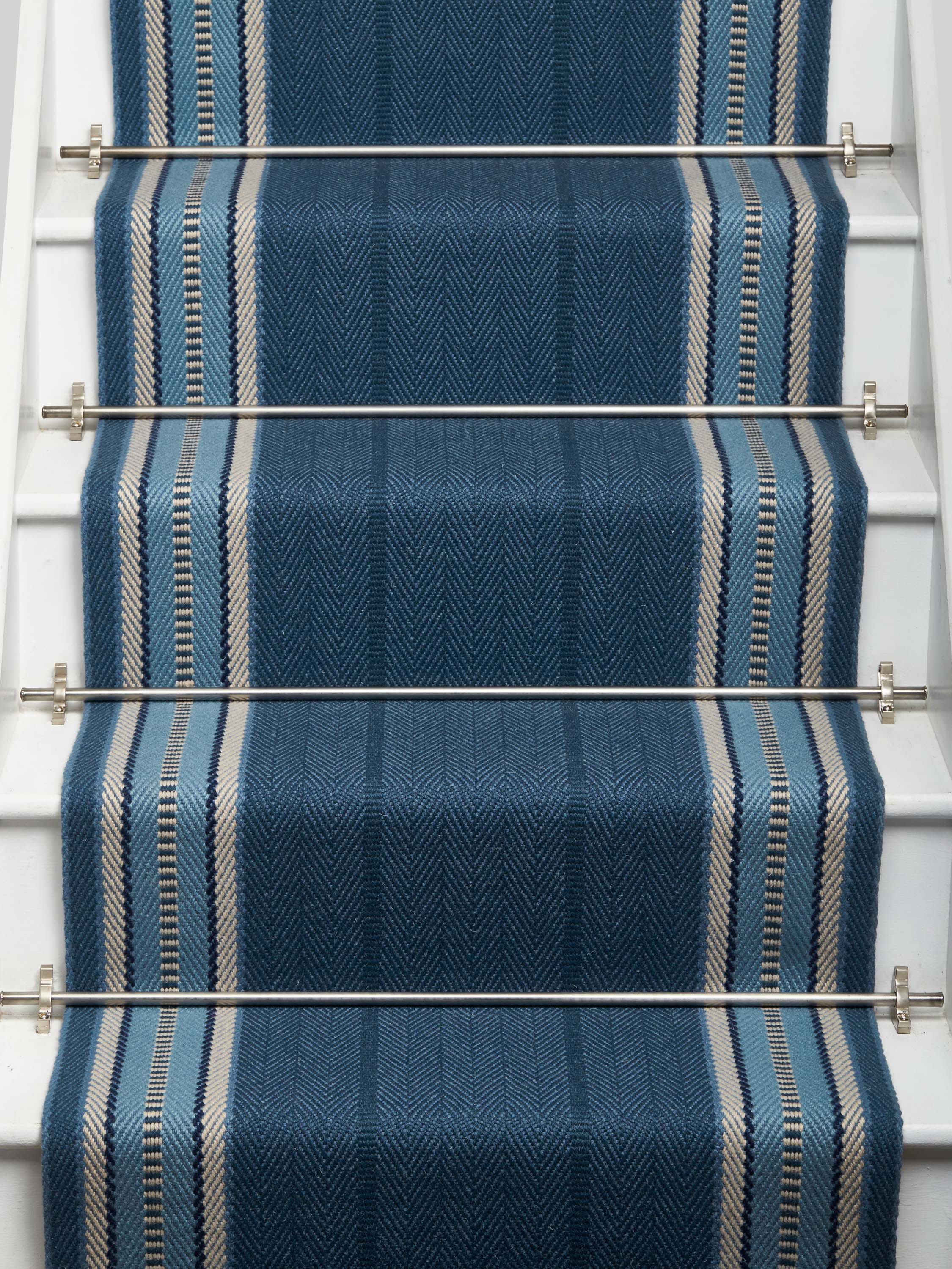 Striped flatweave runner in blue and grey on white staircase