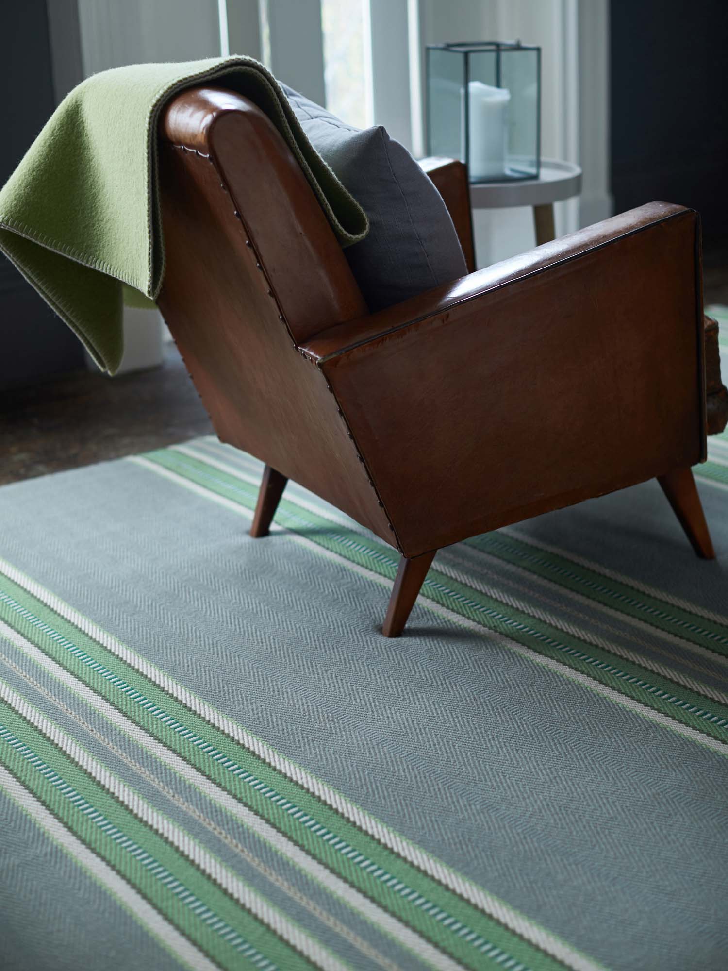 Striped flatweave runner in green and grey