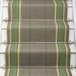 Striped flatweave runner in green and grey on white staircase