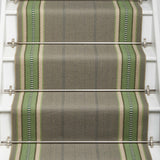 Striped flatweave runner in green and grey on white staircase