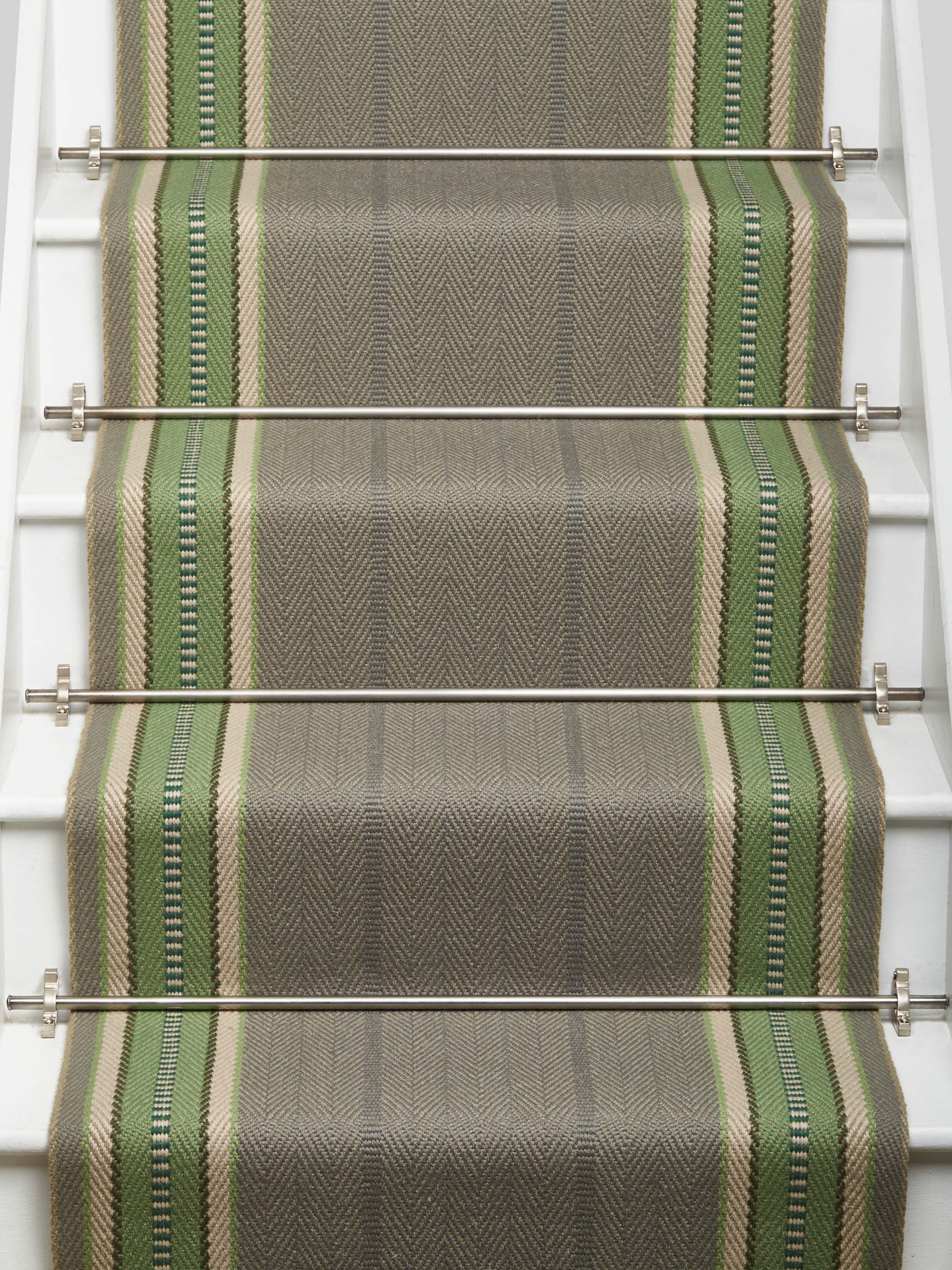 Striped flatweave runner in green and grey on white staircase