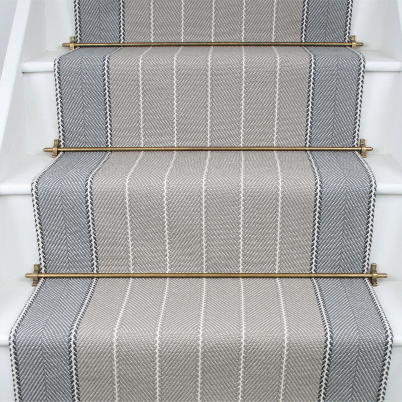 Striped herringbone in grey on white staircase