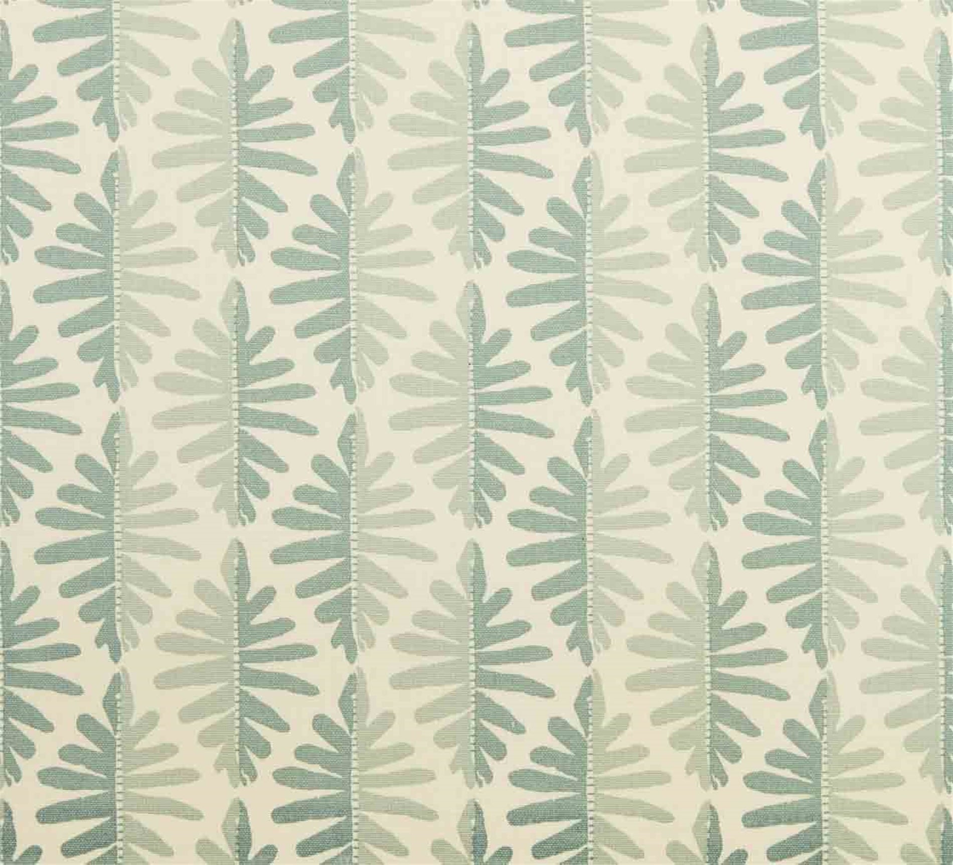 Detail of fabric in a fern leaf print in shades of green on a cream field.