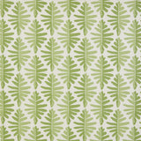 Detail of fabric in a fern leaf print in shades of green on a white field.