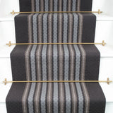 Striped flatweave runner in grey and slate on white staircase