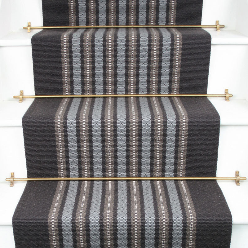 Striped flatweave runner in grey and slate on white staircase