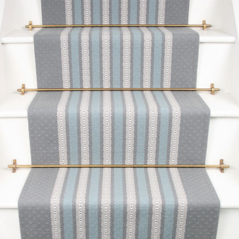 Striped flatweave runner in grey and blue on white staircase