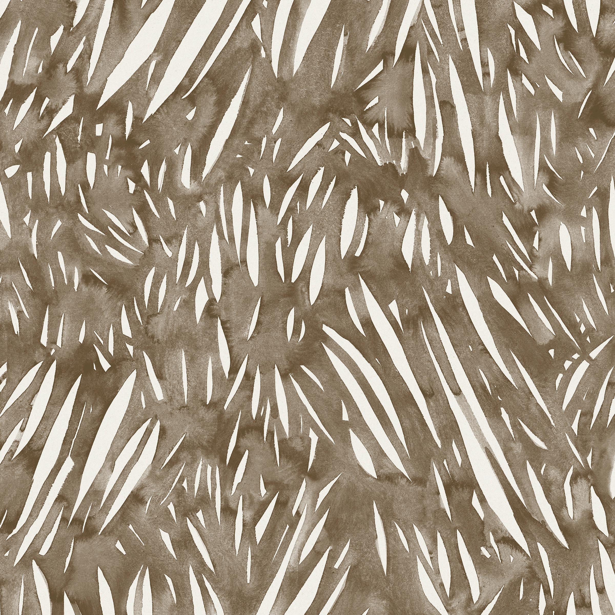 Detail of wallpaper in an abstract leaf pattern in white on a brown watercolor field.