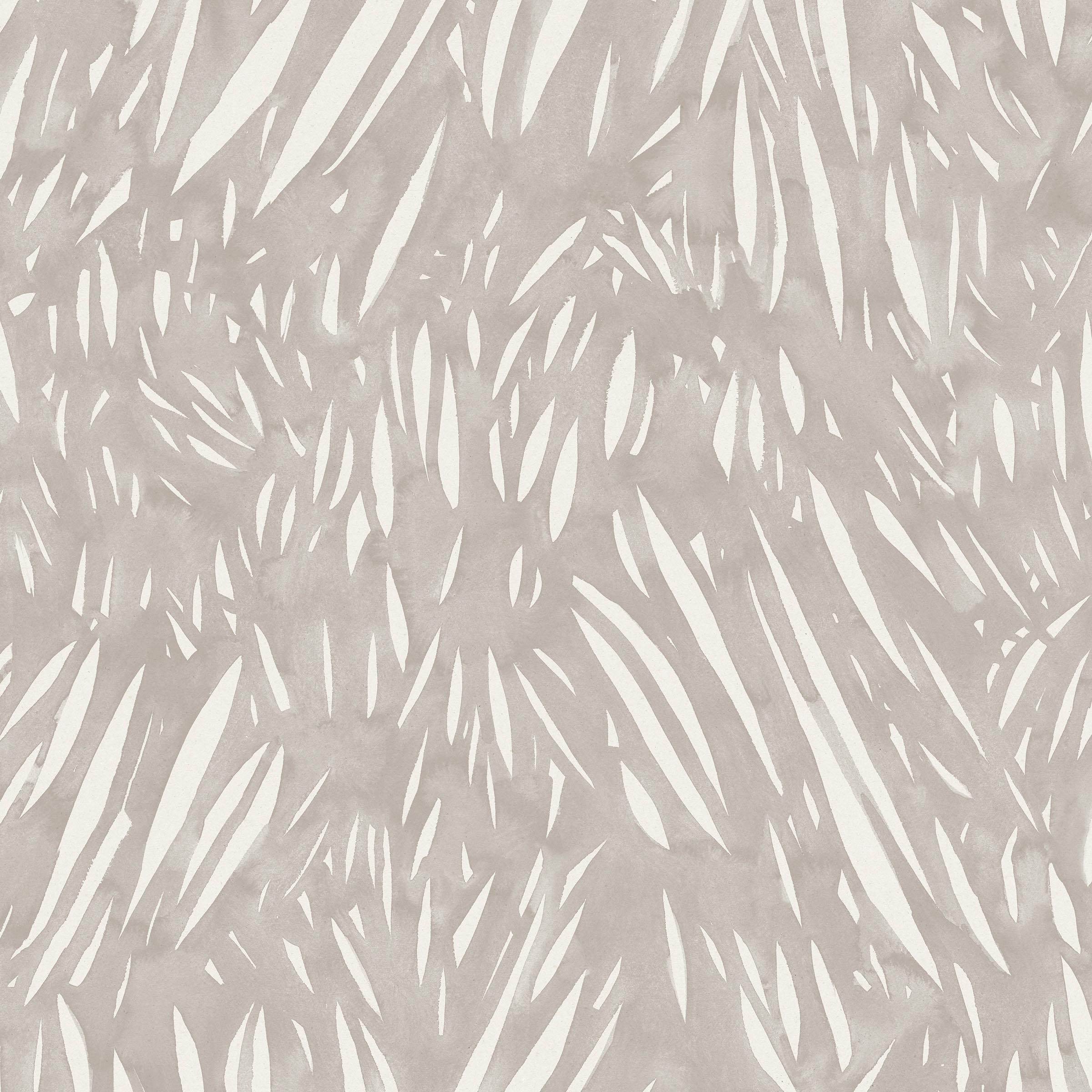 Detail of wallpaper in an abstract leaf pattern in white on a light gray watercolor field.