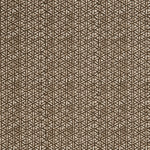 Detail of a linen fabric in a detailed geometric pattern in white on a dark brown field.