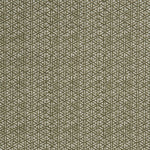 Detail of a linen fabric in a detailed geometric pattern in white on an olive field.