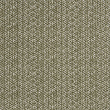 Detail of a linen fabric in a detailed geometric pattern in white on an olive field.