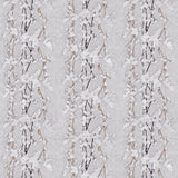 Detail of fabric in a striped wisteria print in shades of white and brown on a light gray field.