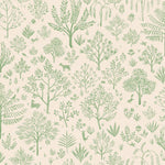 Detail of wallpaper in a playful animal and tree print in green on a cream field.