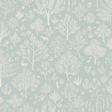 Detail of wallpaper in a playful animal and tree print in white on a light blue field.