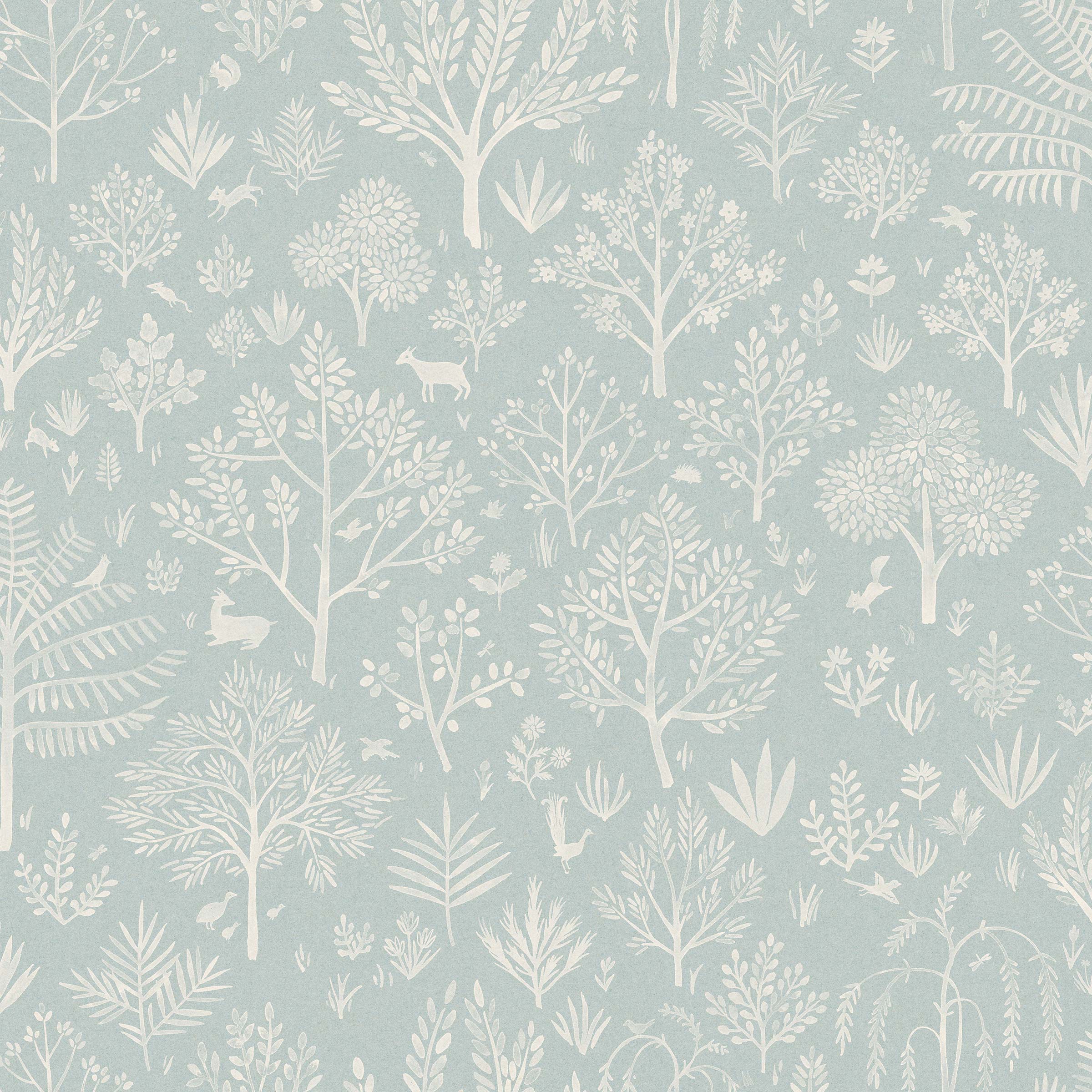 Detail of wallpaper in a playful animal and tree print in white on a light blue field.