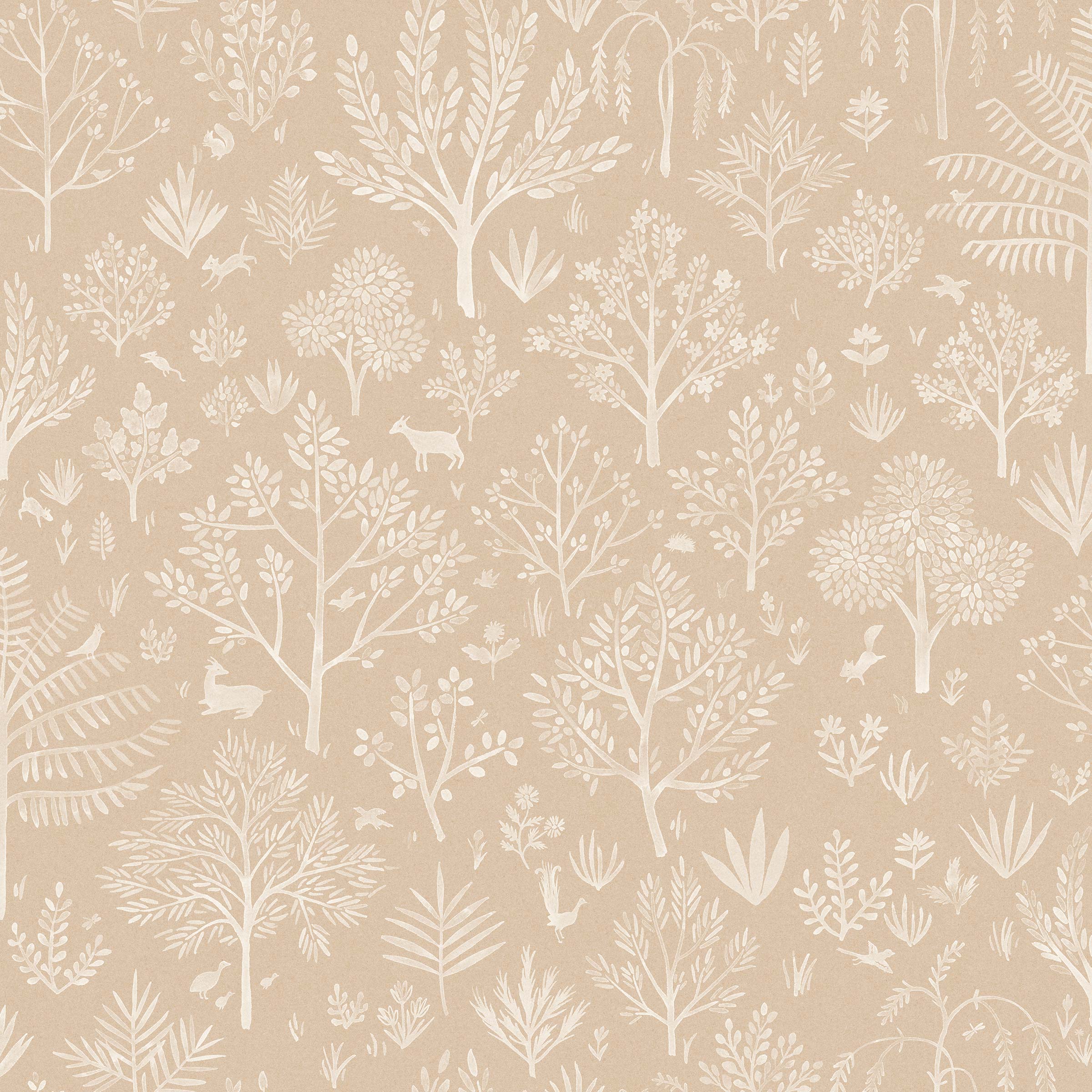 Detail of wallpaper in a playful animal and tree print in white on a tan field.