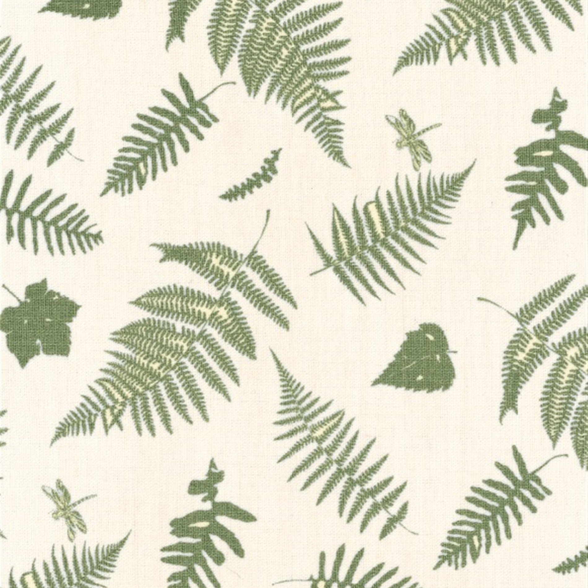 Detail of fabric in a scattered fern leaf print in olive green on a cream field.