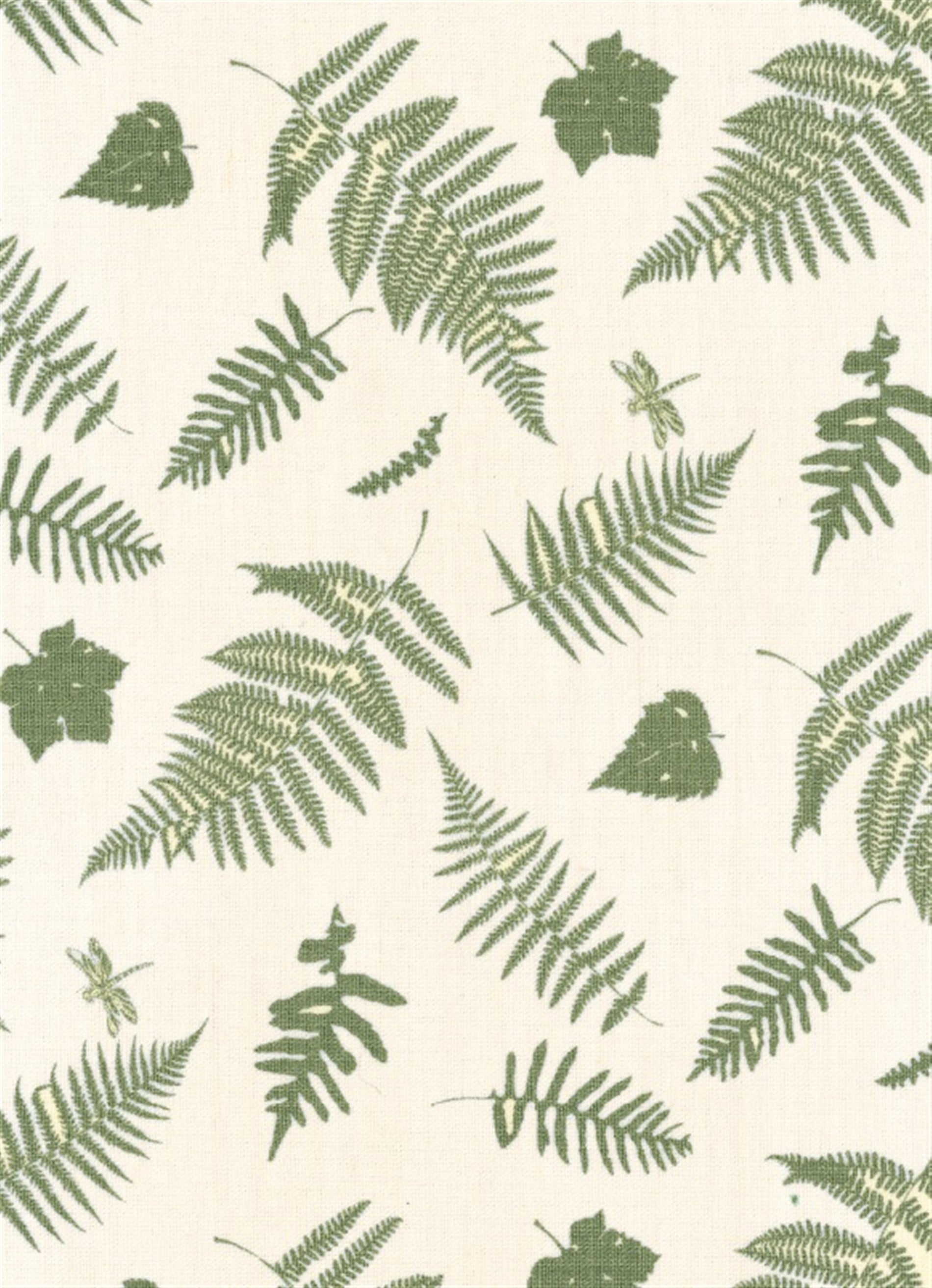 Detail of fabric in a scattered fern leaf print in olive green on a cream field.