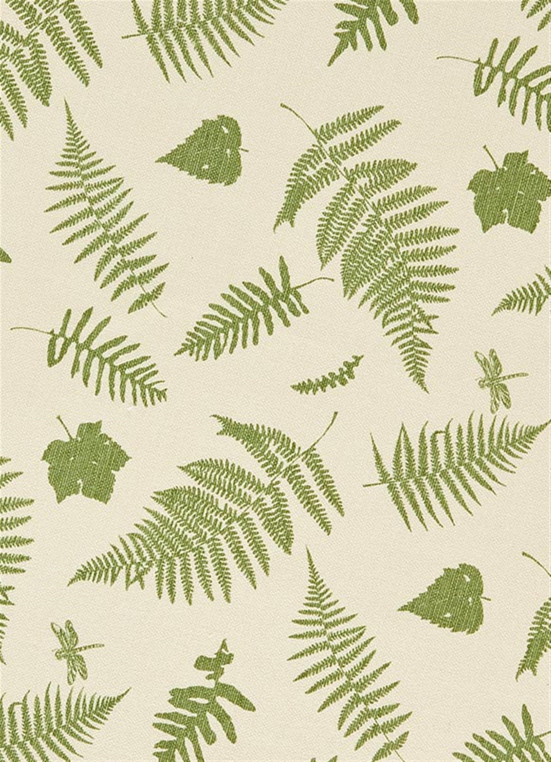 Detail of fabric in a scattered fern leaf print in green on a cream field.