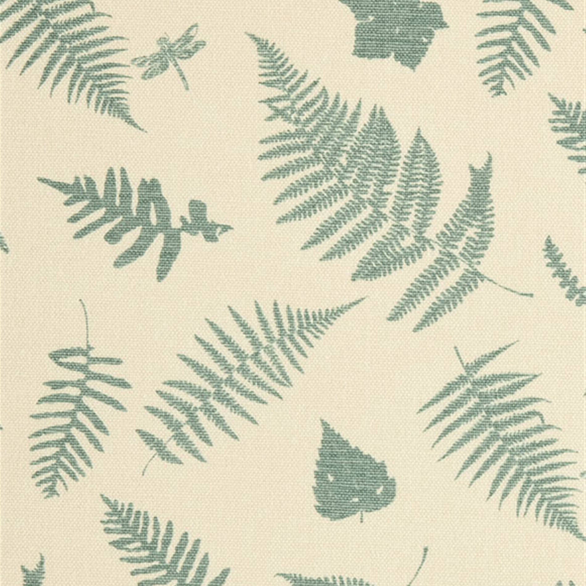 Detail of fabric in a scattered fern leaf print in blue-gray on a cream field.