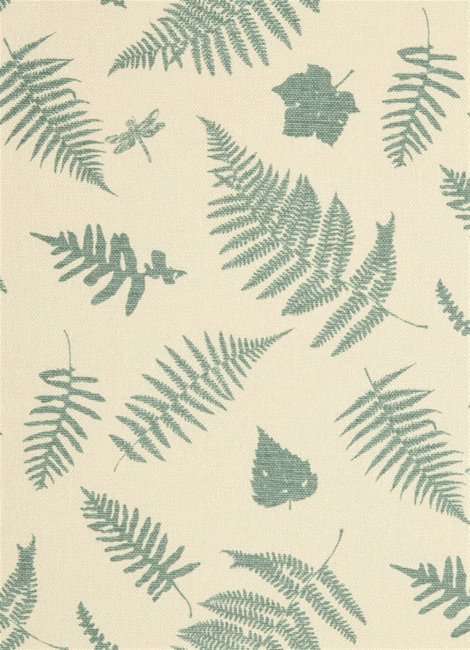 Detail of fabric in a scattered fern leaf print in blue-gray on a cream field.