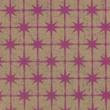 Detail of wallpaper in a geometric damask print in fuchsia on a gold field.