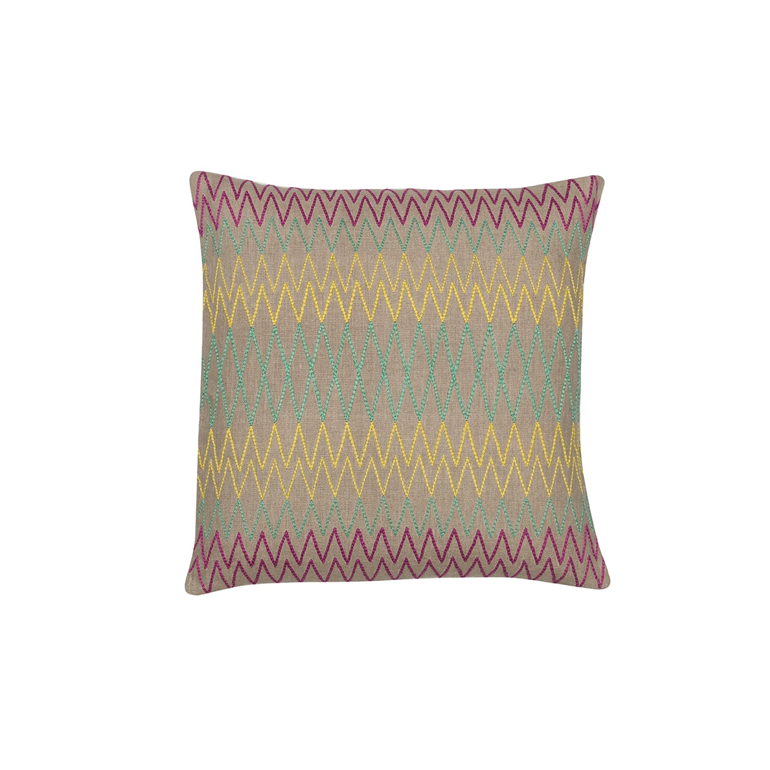 Square throw pillow with a repeating linear pattern of zigzag embroidery in shades of pink, green and yellow on a tan field.