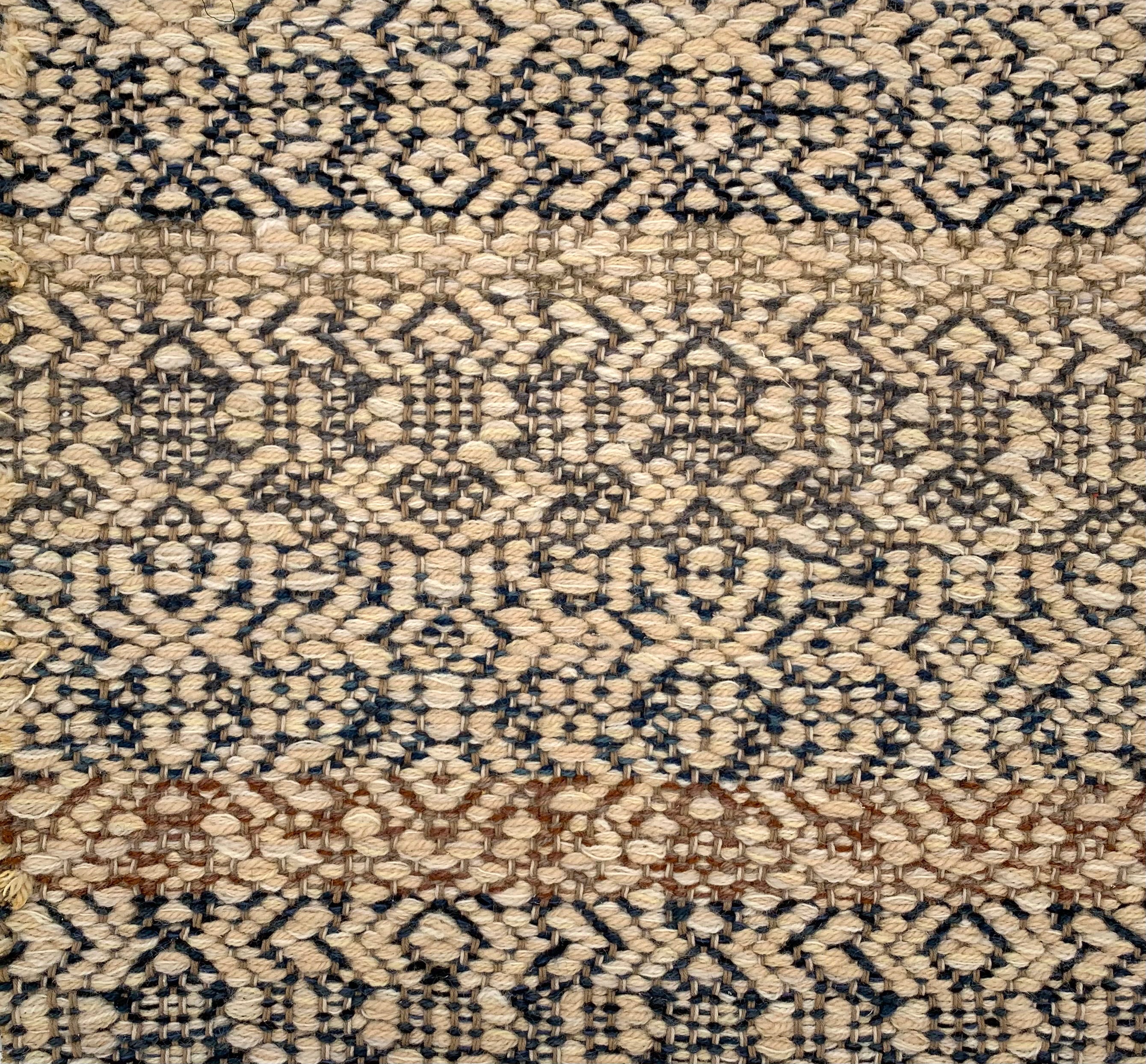 Handwoven rug detail in a contemporary design in black, grey, tan and cream