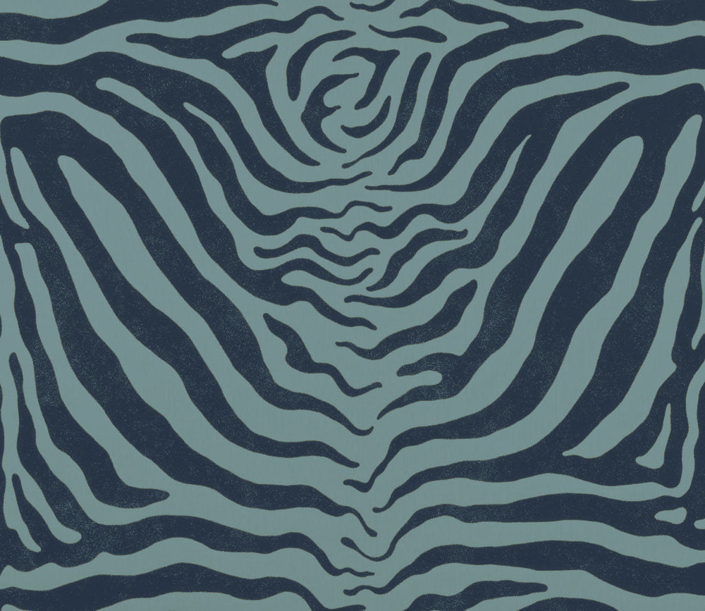 Detail of fabric in a zebra print in navy on a blue field.