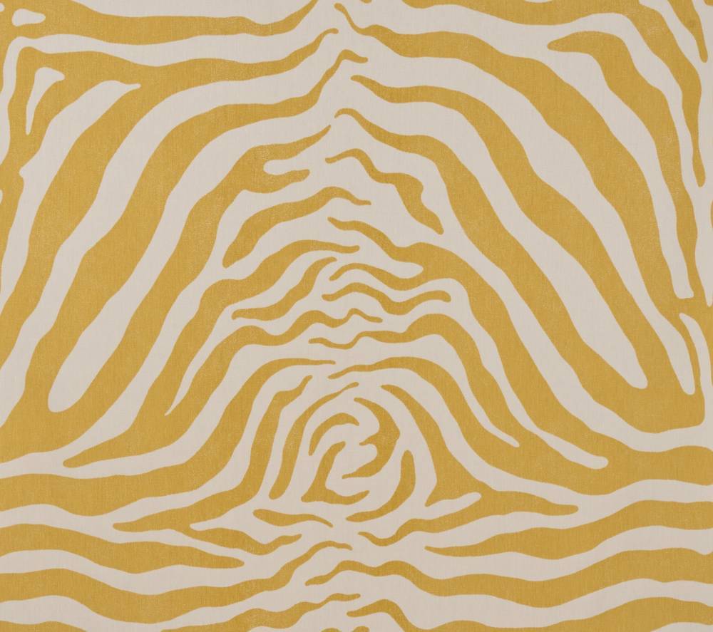 Detail of fabric in a zebra print in yellow on a cream field.