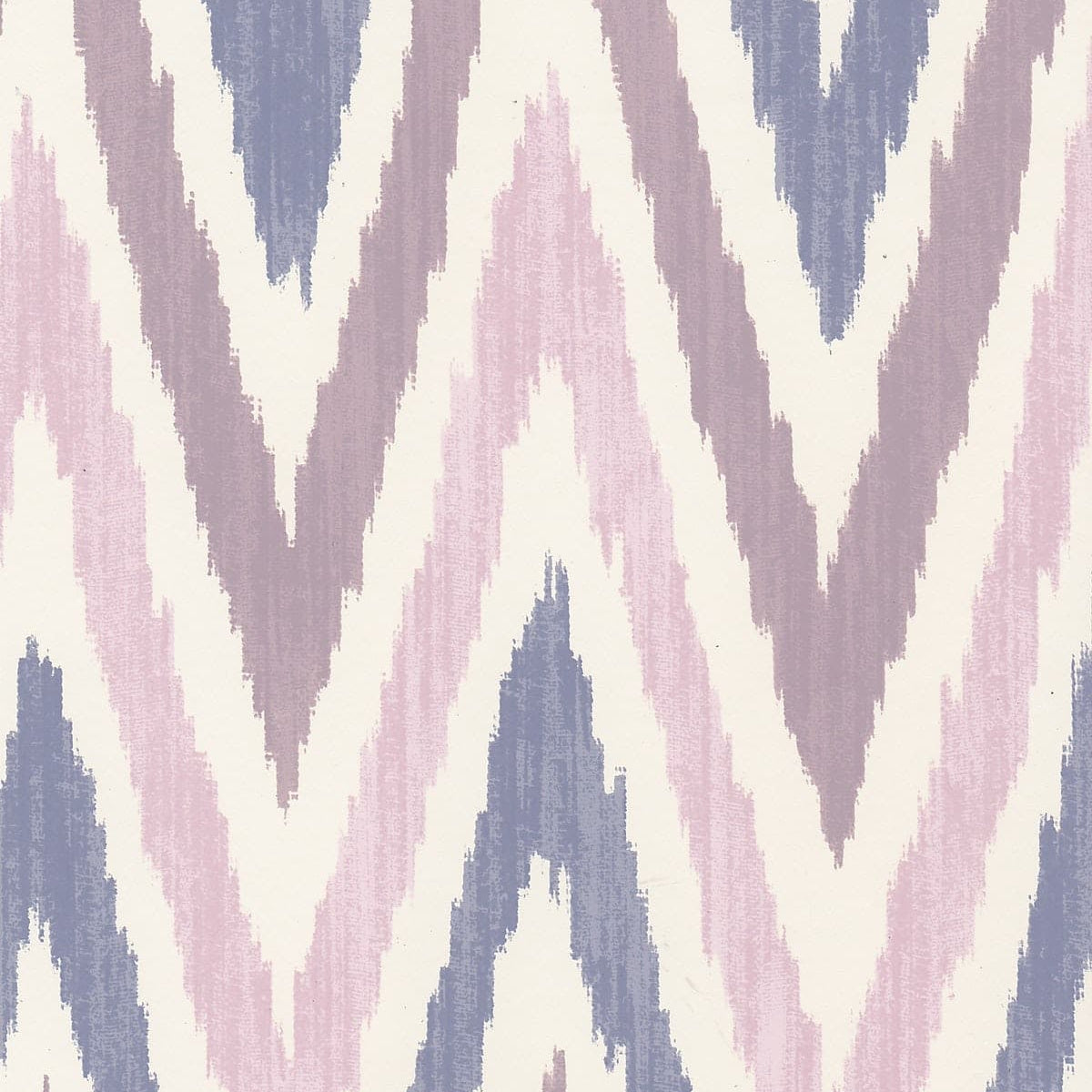 Detail of wallpaper in a geometric ikat print in shades of purple and blue on a white field.