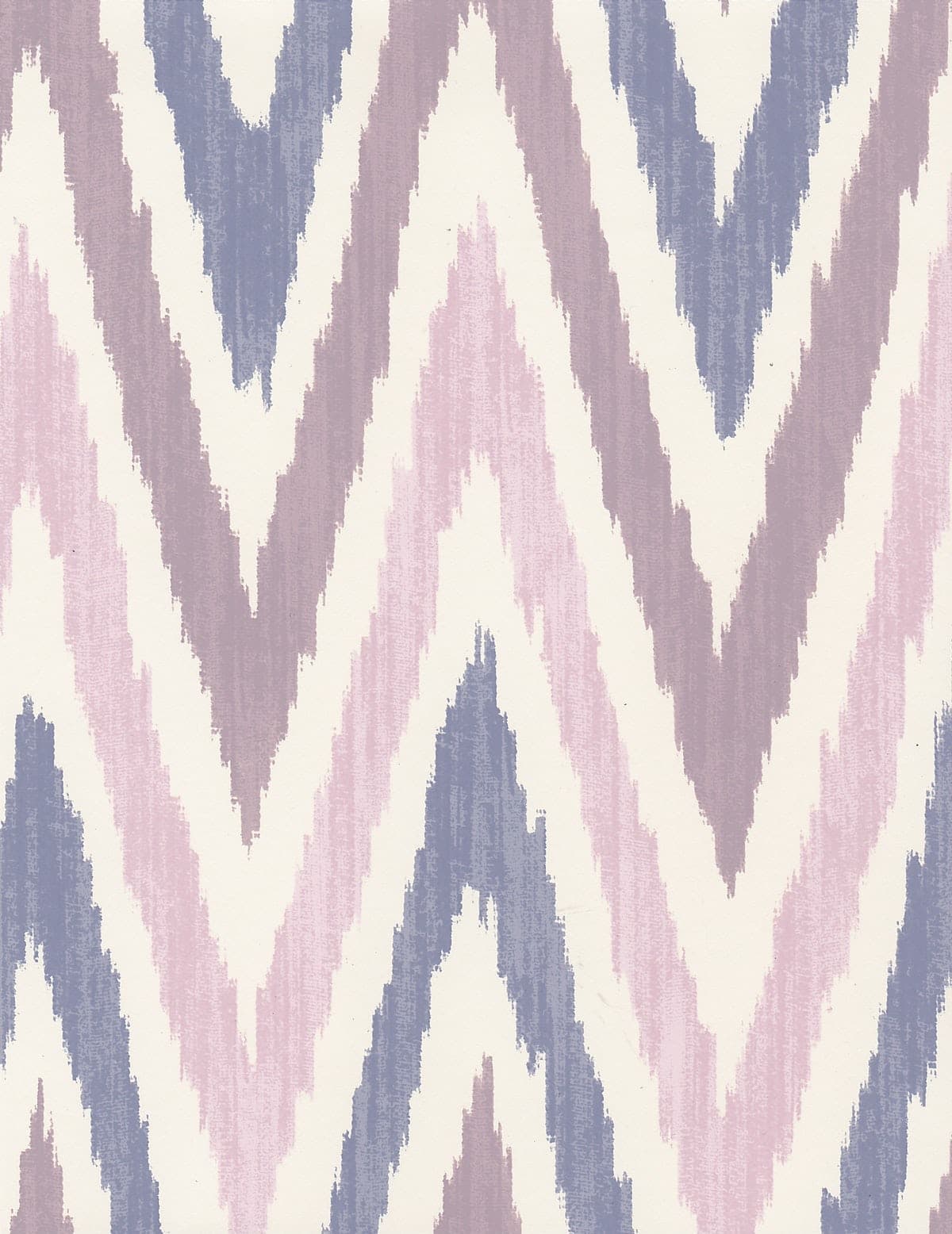 Detail of wallpaper in a geometric ikat print in shades of purple and blue on a white field.