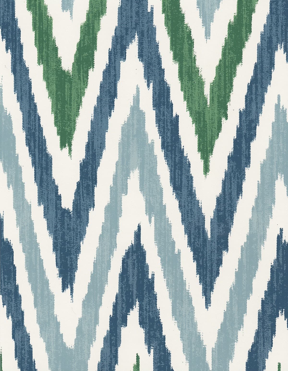 Detail of wallpaper in a geometric ikat print in shades of blue, navy and green on a white field.