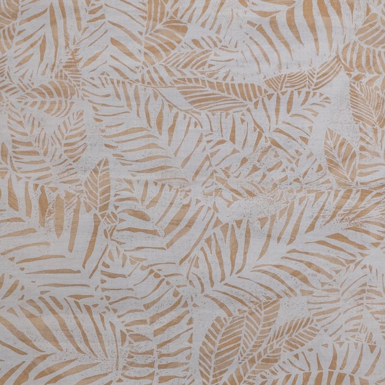 Detail of fabric in a dense leaf print in tan on a light gray field.