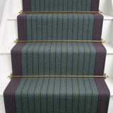 Striped herringbone flatweave runner in green and blue on white staircase