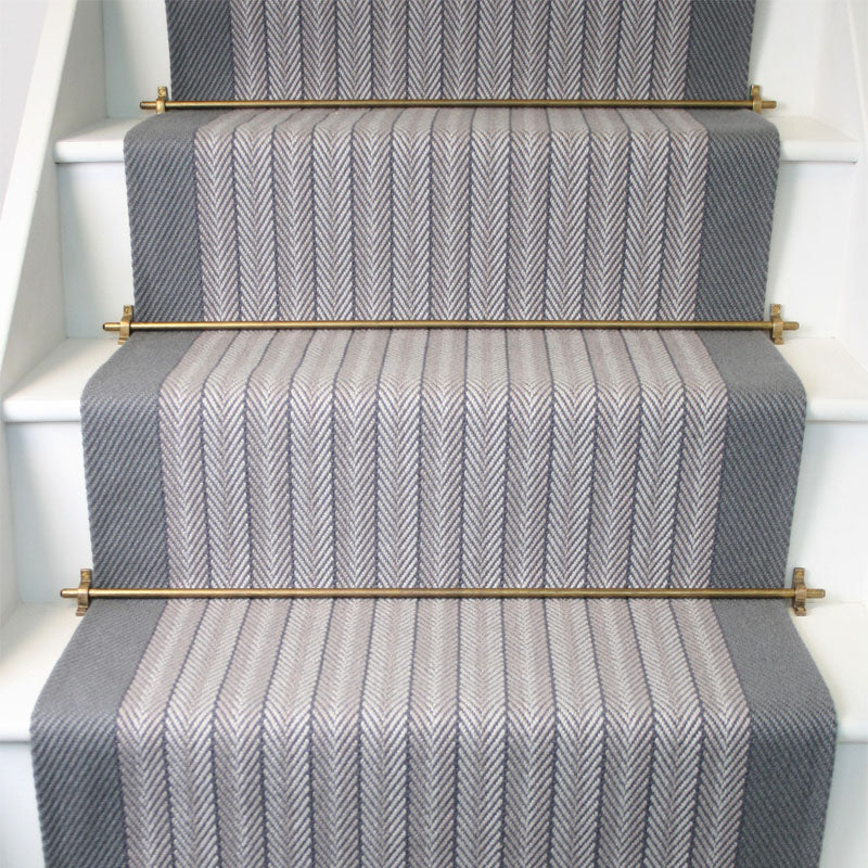 Striped herringbone flatweave runner in grey on white staircase