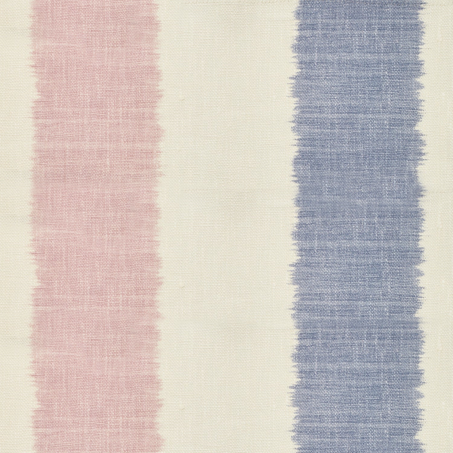 Detail of fabric in an ikat stripe print in shades of pink and purple on a cream field.