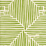 Detail of fabric in a dashed grid print in green on a cream field.