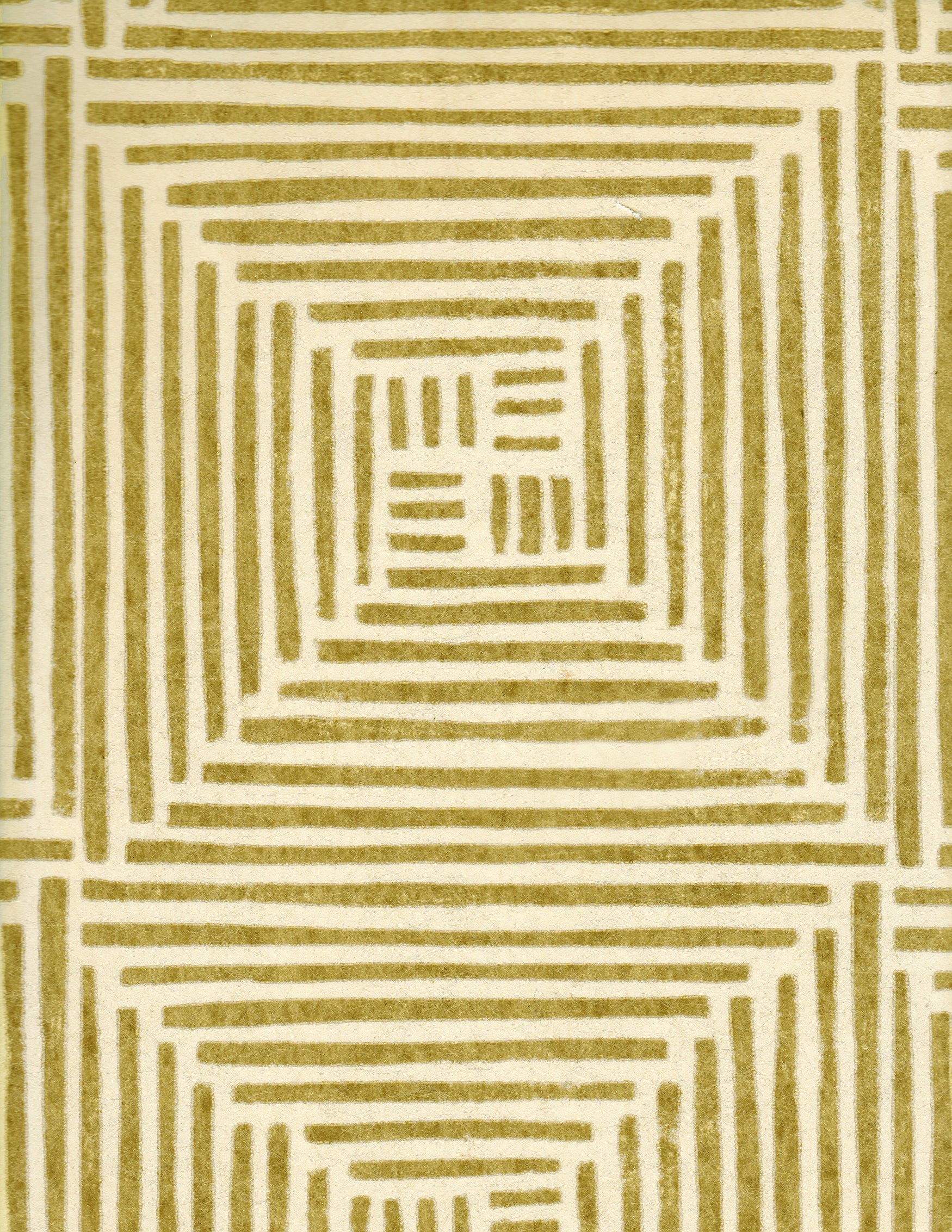 Detail of wallpaper in a dashed grid print in gold on a cream field.