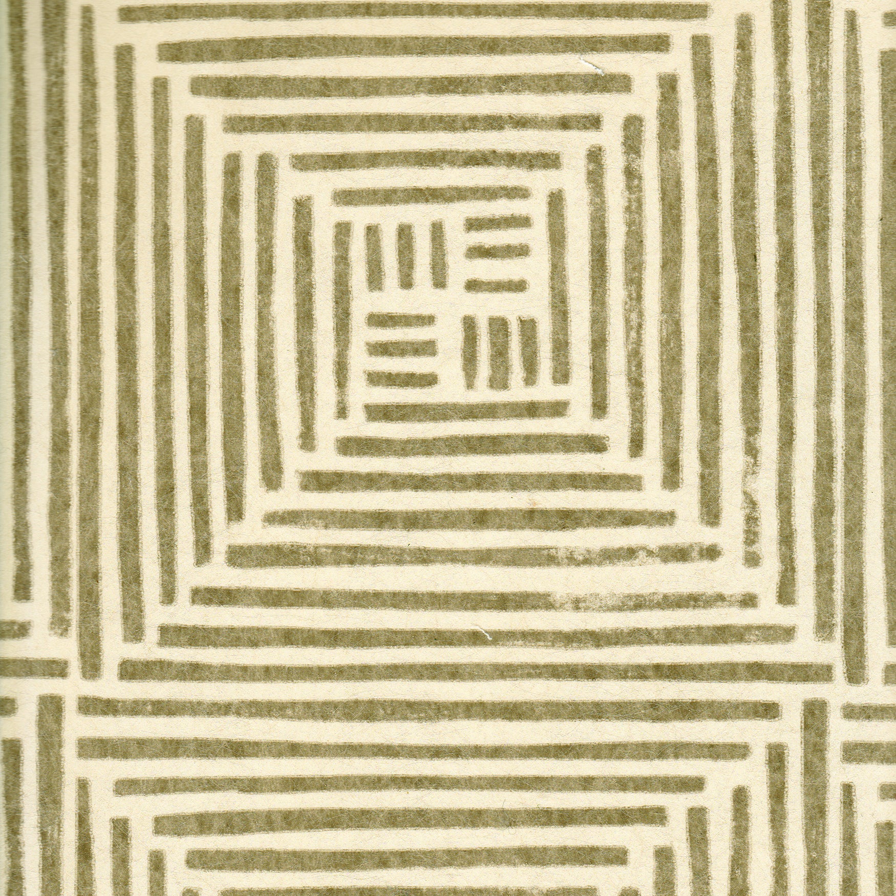 Detail of wallpaper in a dashed grid print in brown on a cream field.