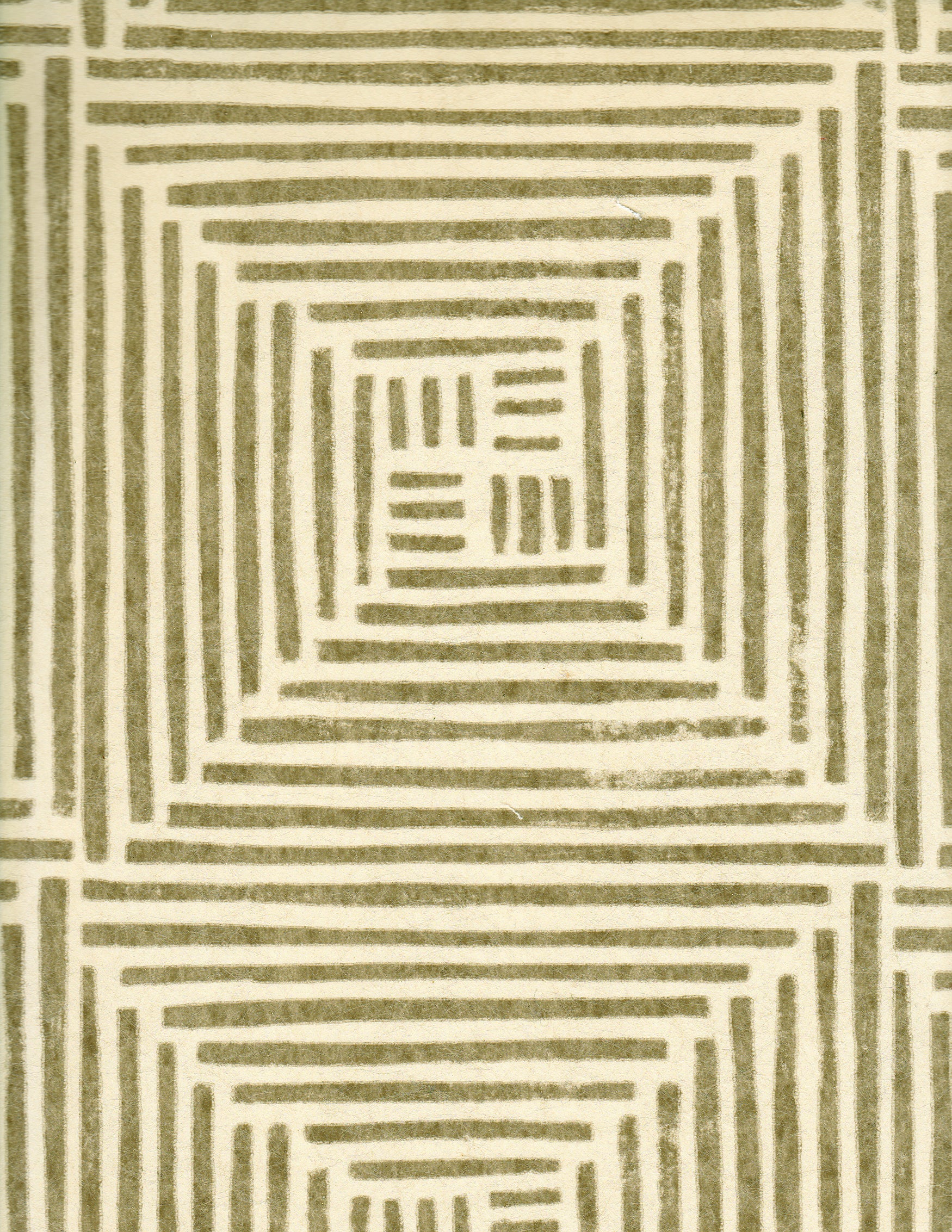 Detail of wallpaper in a dashed grid print in brown on a cream field.