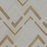 Detail of wallpaper in an interlocking zig zag print in shades of white, gold and cream.