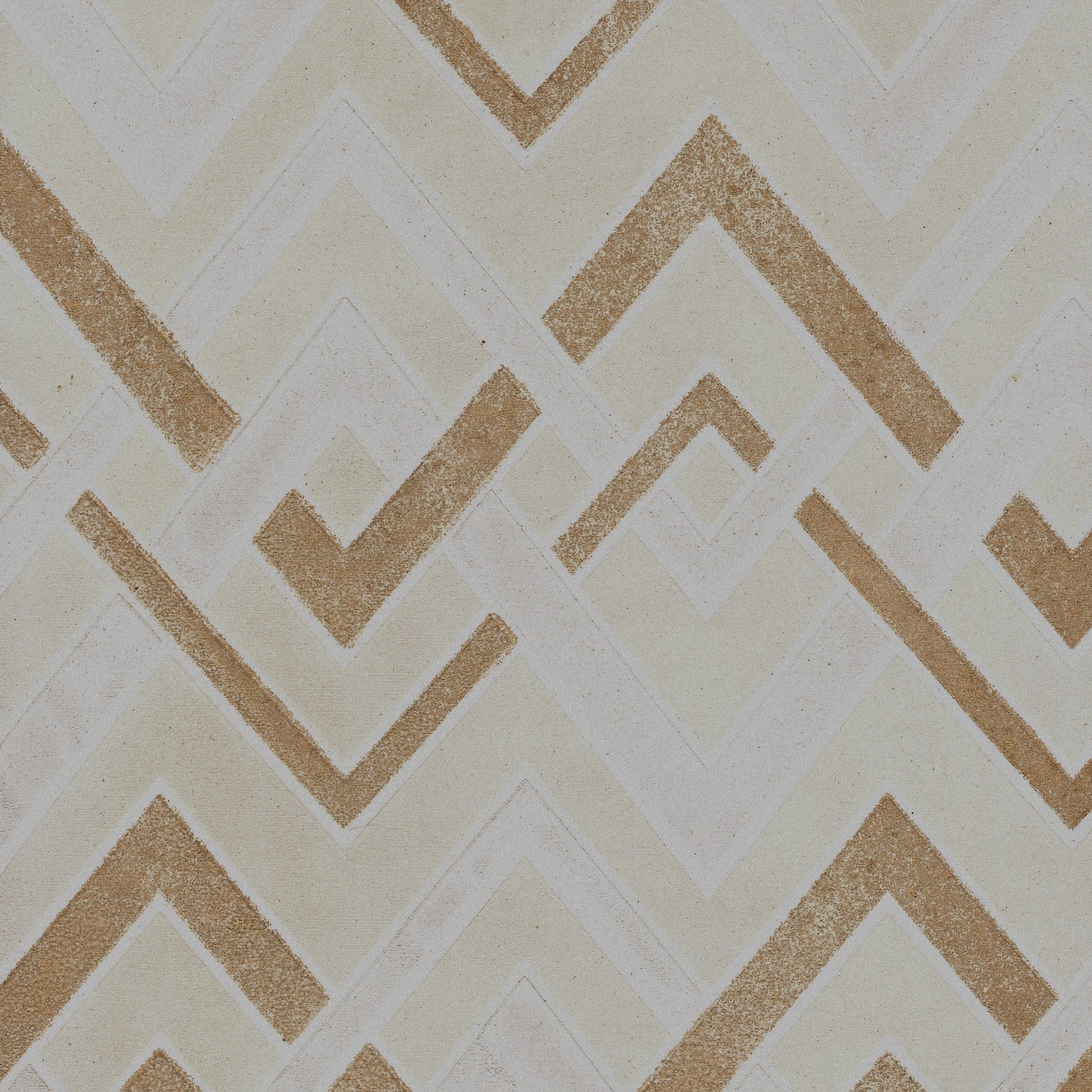 Detail of wallpaper in an interlocking zig zag print in shades of white, gold and cream.