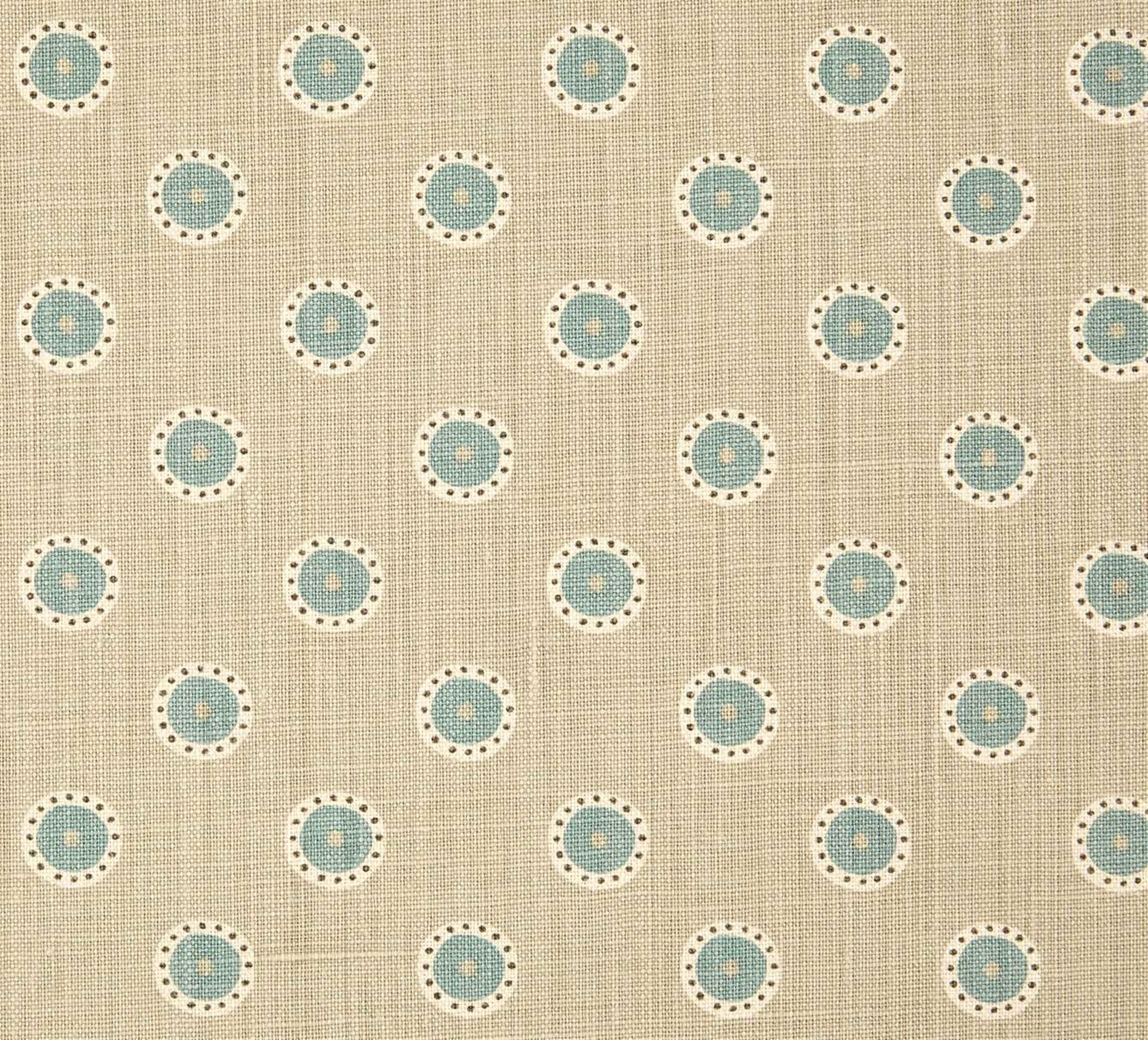 Detail of fabric in a playful dot print in blue and white on a brown field.