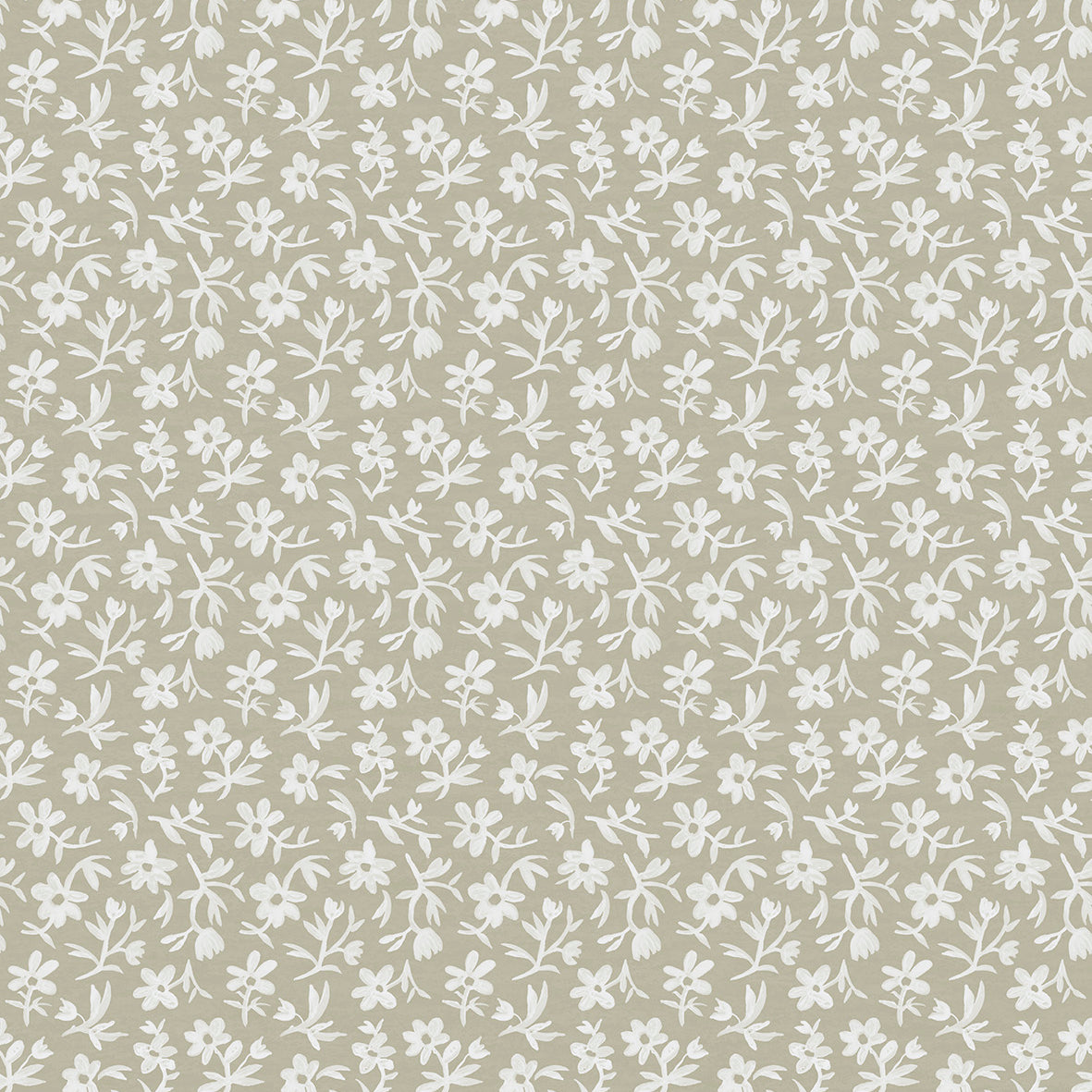 Pattern of small white flowers on a taupe background