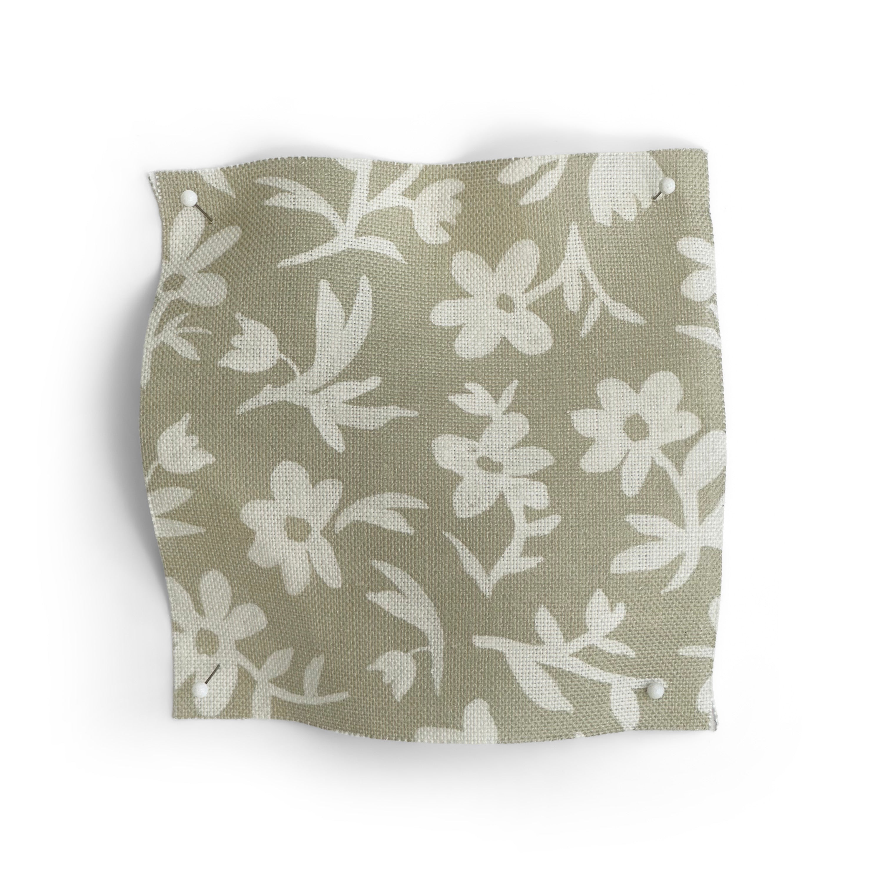 Fabric swatch with  of small white flowers on taupe on a white background