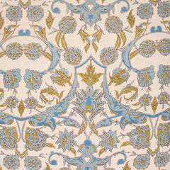 Fabric swatch with an intricate repeating floral design in shades of blue and mustard on a cream background.