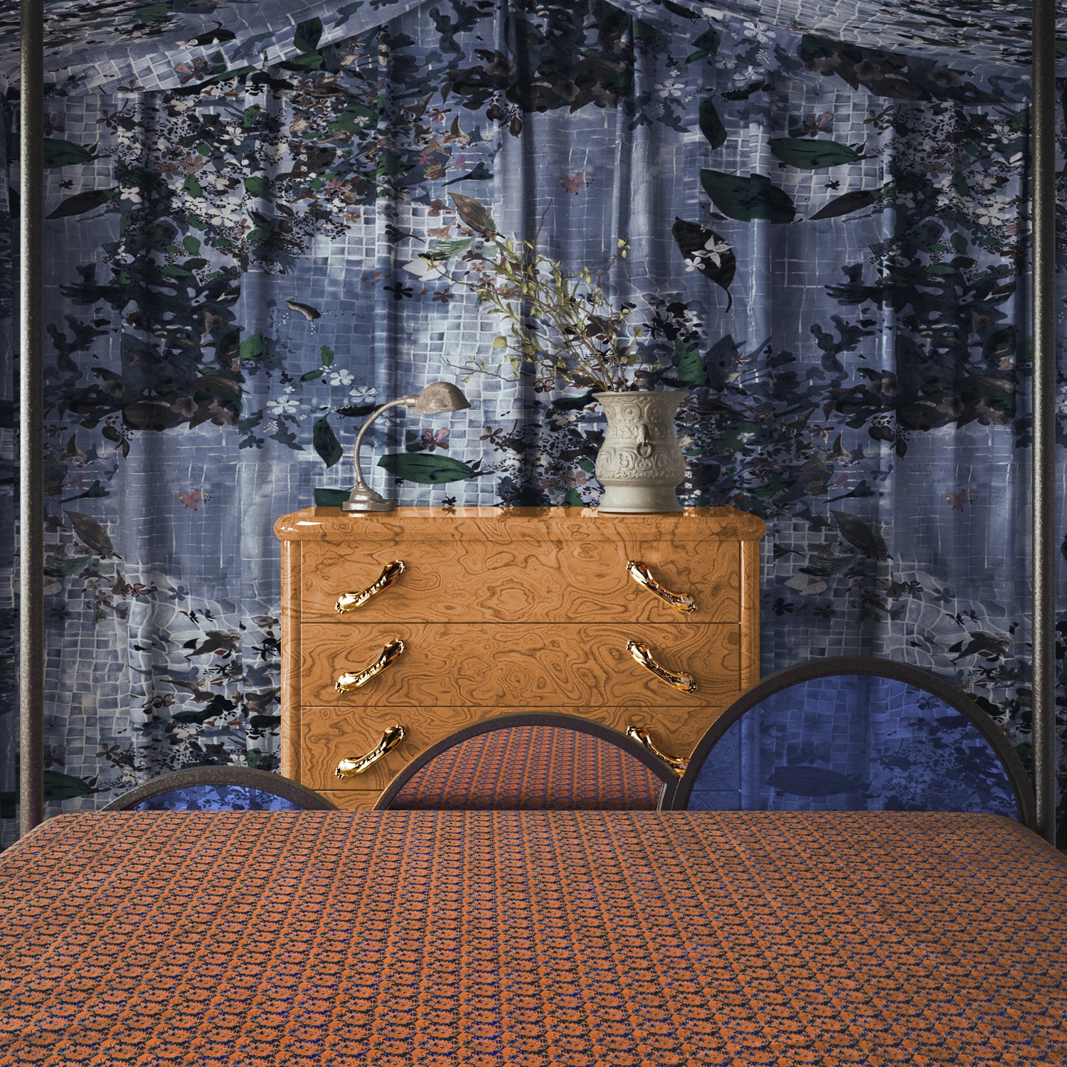 Wooden dresser with decorative items against a patterned wall.